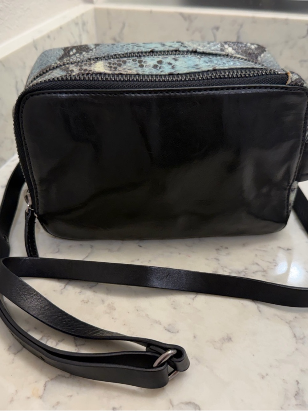 Vic Matie Black Leather Crossbody Bag with Aqua Snake-Print Panel